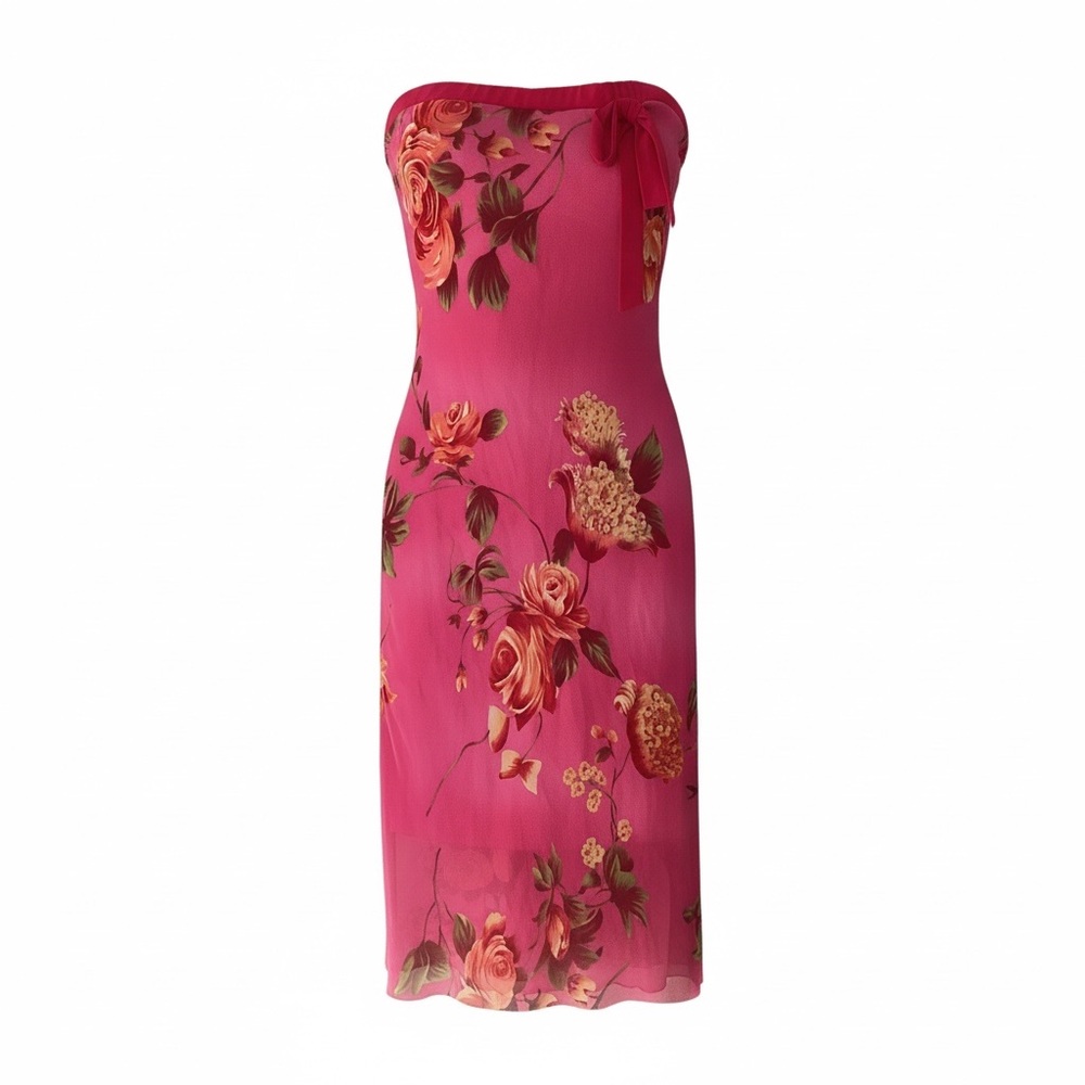 Y2K Chelsey Pink Strapless Floral Print Bow Barbiecore Dress S